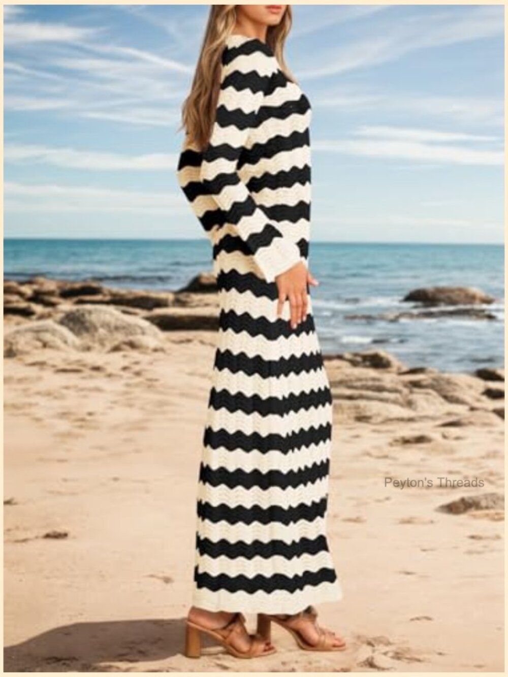 Crochet Striped Cut Out V Neck Long Sleeve Maxi Cover Up Beach Dress - Picture 5 of 7